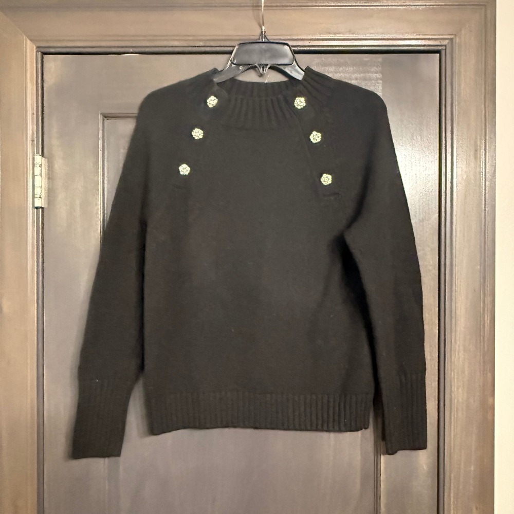 J.Crew Black Lambswool Blend Mock Neck Sweater Crystal Buttons Small